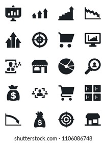 Set of vector isolated black icon - shop vector, checkroom, growth statistic, money bag, monitor statistics, pie graph, hr, target, consumer search, arrow up, crisis, cart, presentation, storefront