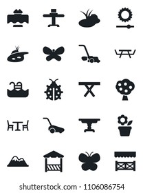 Set of vector isolated black icon - cafe vector, flower in pot, lawn mower, butterfly, lady bug, pond, picnic table, brightness, pool, fruit tree, mountains, restaurant, alcove