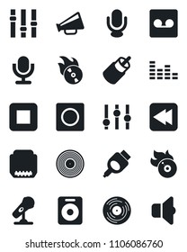Set of vector isolated black icon - vinyl vector, flame disk, microphone, loudspeaker, settings, equalizer, speaker, stop button, rewind, rca, hdmi, record, sound