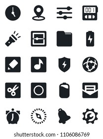 Set of vector isolated black icon - protect vector, tuning, clock, alarm, stopwatch, bell, mail, record, scanner, network, folder, notes, torch, cut, place tag, compass, music, battery, charge