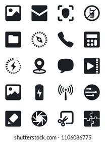 Set of vector isolated black icon - antenna vector, no mobile, call, message, camera, gallery, calculator, mail, network, folder, notes, cut, place tag, compass, face id, video, charge, application