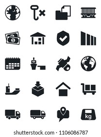 Set of vector isolated black icon - earth vector, railroad, satellite, cash, mobile tracking, sea shipping, car delivery, term, port, folder document, cargo, warehouse storage, no hook, package