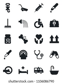 Set of vector isolated black icon - disabled vector, rake, watering, lawn mower, doctor case, stethoscope, syringe, dropper, pills, bottle, tomography, ambulance car, hospital bed, heart hand