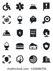 Set Of Vector Isolated Black Icon - Reception Bell Vector, Disabled, Radar, Tree, Ambulance Star, Important Flag, Mobile Tracking, Search Cargo, Protect, Face Id, Eye, Mailbox, Egg Stand, Hamburger