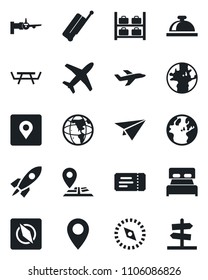 Set of vector isolated black icon - suitcase vector, ticket, reception bell, boarding, luggage storage, picnic table, navigation, earth, pin, plane, place tag, compass, bedroom, rocket, paper