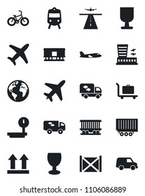 Set of vector isolated black icon - plane vector, runway, baggage trolley, train, airport building, bike, earth, railroad, truck trailer, container, fragile, up side sign, heavy scales, moving, car
