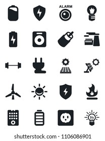 Set of vector isolated black icon - bulb vector, factory, fire, barbell, speaker, battery, rca, protect, charge, sun panel, windmill, socket, power plug, remote control, alarm led, idea