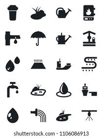 Set of vector isolated black icon - watering can vector, water drop, well, pond, drip irrigation, sea shipping, port, umbrella, supply, heater, filter, warm floor, sprinkler