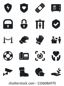 Set of vector isolated black icon - fence vector, passport control, security gate, safe, glove, boot, patch, heart shield, hand, protect, lock, eye id, intercome, home, surveillance, palm sproute