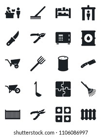 Set of vector isolated black icon - passport control vector, security gate, safe, farm fork, rake, wheelbarrow, pruner, garden knife, cargo container, oil barrel, rack, application, ladle, radiator
