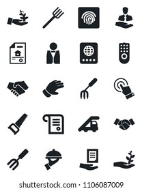 Set of vector isolated black icon - passport vector, ladder car, handshake, document, garden fork, farm, glove, saw, client, touch screen, fingerprint id, estate, waiter, remote control, contract