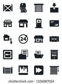 Set of vector isolated black icon - 24 around vector, automatic door, shop, medical room, store, container, package, mail, fast forward, scanner, document folder, book, mailbox, home control