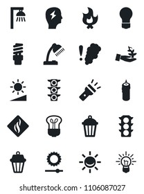 Set of vector isolated black icon - brainstorm vector, bulb, fire, garden light, traffic, torch, brightness, desk lamp, candle, smoke detector, energy saving, outdoor, alarm led, palm sproute, idea