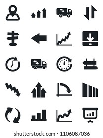 Set of vector isolated black icon - signpost vector, left arrow, crisis graph, navigation, sorting, update, data exchange, download, bar, moving, up, clock, growth, presentation