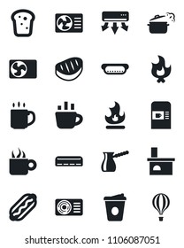 Set of vector isolated black icon - coffee machine vector, fire, fireplace, air conditioner, bread, steak, hot dog, steaming pan, turkish, balloon