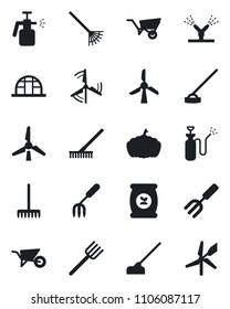 Set of vector isolated black icon - garden fork vector, farm, rake, wheelbarrow, hoe, pumpkin, greenhouse, sprayer, fertilizer, windmill, irrigation
