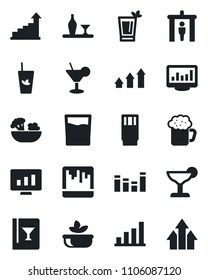Set of vector isolated black icon - security gate vector, growth statistic, monitor, equalizer, scanner, statistics, bar graph, alcohol, wine card, drink, cocktail, phyto, beer, salad, arrow up