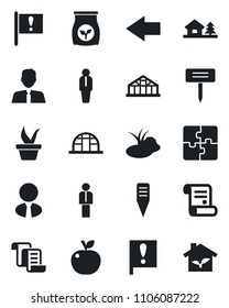 Set of vector isolated black icon - left arrow vector, manager, contract, seedling, plant label, greenhouse, pond, fertilizer, important flag, application, house with tree, estate agent, apple fruit