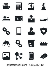 Set of vector isolated black icon - baggage conveyor vector, trash bin, mobile phone, mail, pedestal, seedling, well, pills, heart shield, package, chain, gallery, document folder, calculator, gear