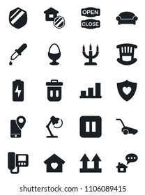 Set of vector isolated black icon - waiting area vector, lawn mower, dropper, heart shield, mobile tracking, up side sign, pause button, charge, bar graph, desk lamp, children room, sweet home