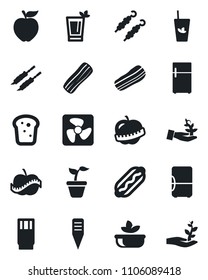 Set of vector isolated black icon - seedling vector, plant label, diet, drink, phyto bar, salad, bacon, bread, kebab, hot dog, apple fruit, fan, fridge, palm sproute