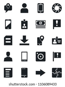 Set of vector isolated black icon - right arrow vector, mobile phone, identity card, document, important flag, cash, tracking, cell, camera, user, download, application