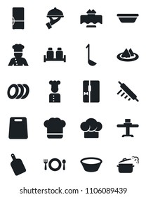 Set of vector isolated black icon - fridge vector, cook, restaurant table, serviette, cafe, hat, plates, waiter, salt and pepper, ladle, bowl, rolling pin, cutting board, steaming pan
