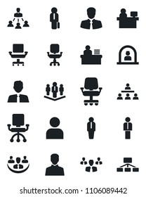 Set of vector isolated black icon - reception vector, manager, place, client, user, company, office chair, desk, hierarchy, estate agent, group