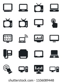 Set of vector isolated black icon - wireless notebook vector, pc, statistic monitor, pulse, tv, touch screen, laptop, hdmi, statistics, intercome