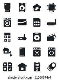Set of vector isolated black icon - washer vector, calculator, speaker, phone back, sim, smart home, credit card, control, chip, remote, router, usb flash