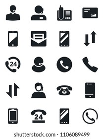 Set of vector isolated black icon - phone vector, mobile, 24 hours, support, cell, radio, mail, call, data exchange