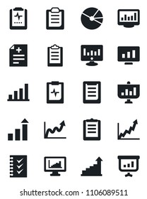 Set of vector isolated black icon - growth statistic vector, monitor, diagnosis, pulse clipboard, statistics, bar graph, pie, checklist, presentation