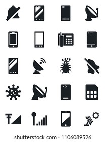 Set of vector isolated black icon - satellite antenna vector, mobile phone, virus, cell, back, sim, mute, cellular signal, office, sun panel