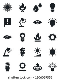 Set of vector isolated black icon - sun vector, bulb, fire, eye, important flag, brightness, desk lamp, water, energy saving, shining head, idea