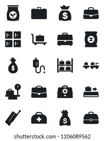 Set of vector isolated black icon - suitcase vector, baggage conveyor, trolley, larry, luggage storage, scales, checkroom, case, money bag, fertilizer, doctor, dropper