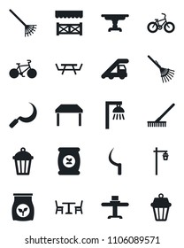 Set of vector isolated black icon - cafe vector, ladder car, rake, sickle, garden light, picnic table, fertilizer, bike, restaurant, alcove, outdoor lamp
