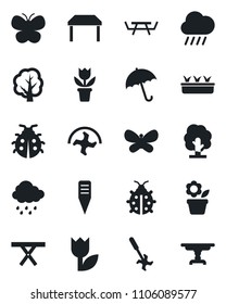 Set of vector isolated black icon - umbrella vector, flower in pot, ripper, tree, butterfly, lady bug, seedling, rain, plant label, picnic table, tulip