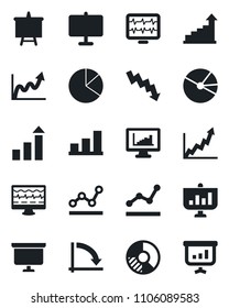 Set of vector isolated black icon - growth statistic vector, presentation board, crisis graph, circle chart, monitor pulse, statistics, bar, pie, point