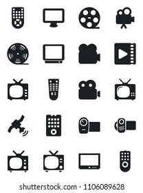 Set of vector isolated black icon - tv vector, reel, satellite, video camera, remote control, monitor