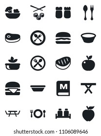 Set of vector isolated black icon - spoon and fork vector, picnic table, cafe, menu, salad, salt pepper, steak, hamburger, bowl, sushi, apple fruit