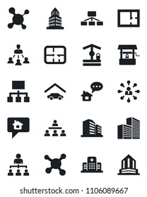Set of vector isolated black icon - hierarchy vector, well, molecule, hospital, office building, garage, plan, home message