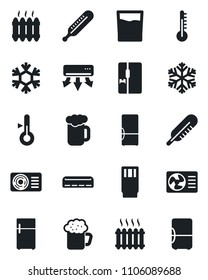 Set of vector isolated black icon - thermometer vector, heater, air conditioner, fridge, drink, beer, snowflake