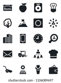 Set of vector isolated black icon - fork loader vector, mobile phone, mail, hierarchy, flower in pot, tree, lawn mower, clock, speaker, record, office building, sun panel, rooms, client search, bulb