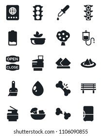 Set of vector isolated black icon - passport vector, water drop, bench, dropper, broken bone, traffic light, low battery, themes, copier, fruit tree, serviette, salad, open close, fridge