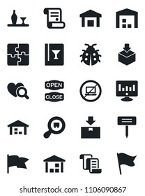 Set of vector isolated black icon - no laptop vector, contract, statistic monitor, lady bug, plant label, heart diagnostic, warehouse, package, search cargo, application, alcohol, wine card, flag