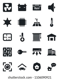 Set of vector isolated black icon - warehouse vector, garage, plan, rent, office building, key, estate insurance, chip, fan, air conditioner, thermometer, warm floor, sound, jalousie, eye scan