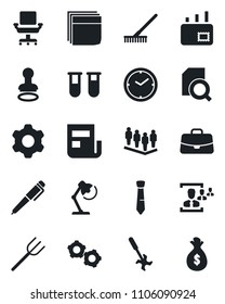Set of vector isolated black icon - stamp vector, gear, case, team, farm fork, rake, ripper, blood test vial, settings, clock, news, document search, hr, office chair, blank box, desk lamp, tie, pen