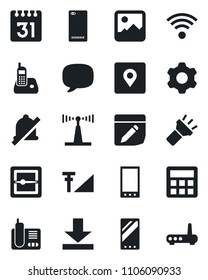 Set of vector isolated black icon - antenna vector, radio phone, mobile, back, message, gallery, settings, calculator, scanner, calendar, notes, download, torch, mute, place tag, cellular signal