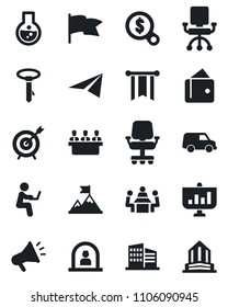 Set of vector isolated black icon - reception vector, meeting, office building, target, motivation, wallet, pennon, chair, money search, flask, flag, car, paper plane, advertising, presentation, tie