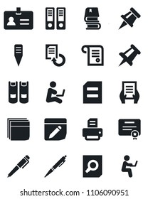 Set of vector isolated black icon - identity vector, book, office binder, document search, drawing pin, reload, printer, plant label, notes, blank box, pen, certificate, contract, man with notebook